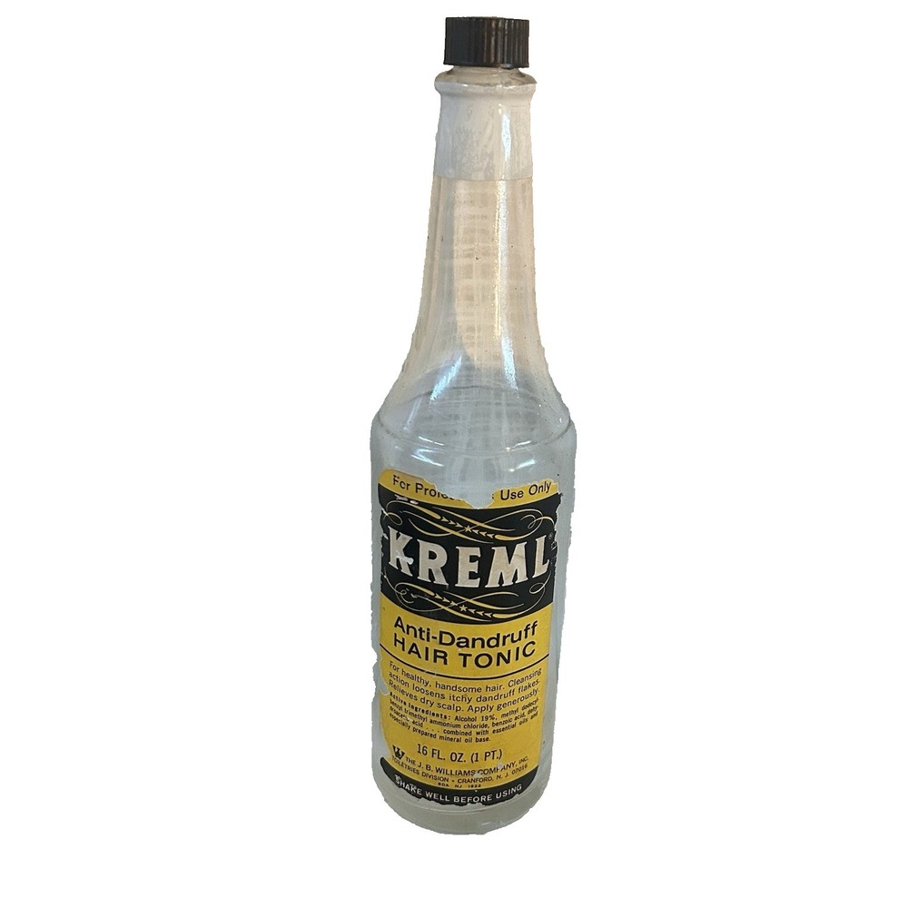 Vintage KREML Hair Tonic Glass Bottle Hair Barber‎ Shop Salon 1950s Yellow BxA